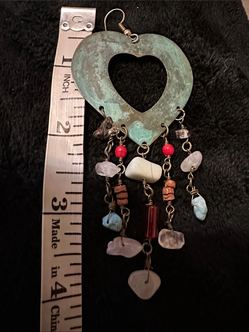 Bohemian Turquoise Patina Heart Dangle Earrings with Mixed Stone Beads